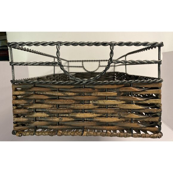 Woven Rectangular Wicker Rattan Basket Handles Metal Frame Organizer - Picture 6 of 9